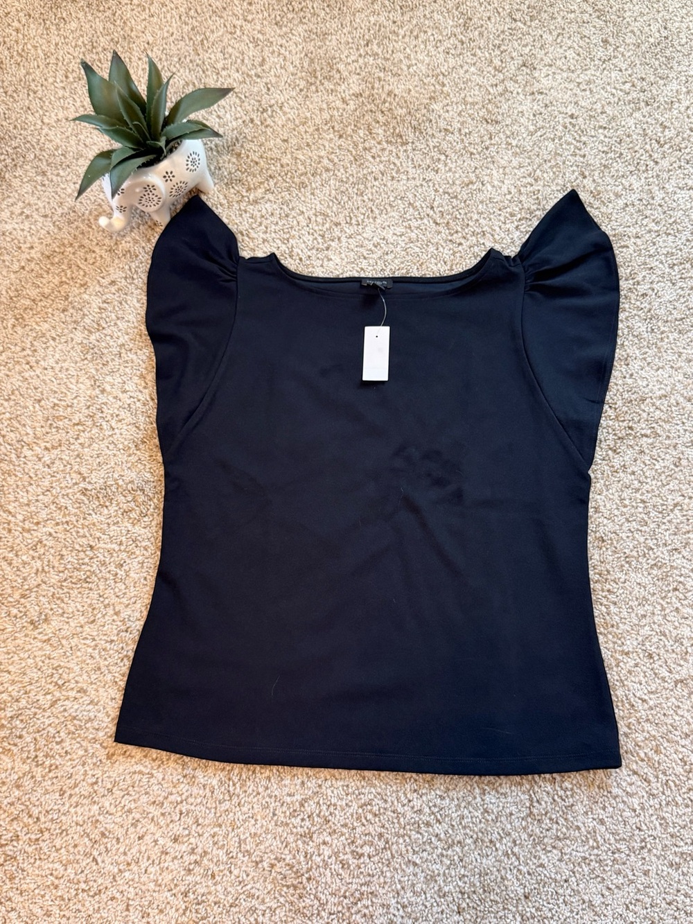 Ann Taylor Black Flutter-Sleeve Crewneck Top